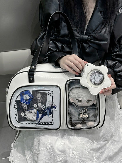 White & Black Contrast Trim Bread-shaped Ita Shoulder Bag