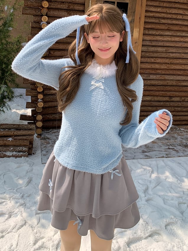 Blaues, langärmliges Oberteil mit Plüschbesatz am Ausschnitt und Schleifendetails