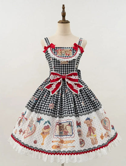 Pattern Gingham Print Skirt Animals Dessert and Black Lolita Jumper Sweet