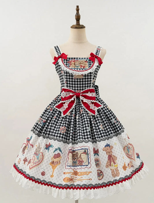 パターンギンガムプリントスカート動物デザートと黒ロリータジャンパースイート