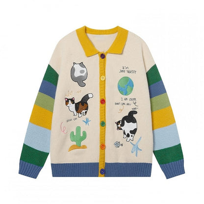 Hellapricotfarbene Strickjacke mit süßem Katzen-Polokragen und Kontrast