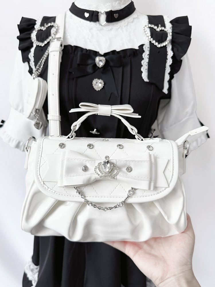Hand/Crossbody Kei Rhinestone Detachable White Accent Bag Crown-Embellished Strap Bow in Jirai
