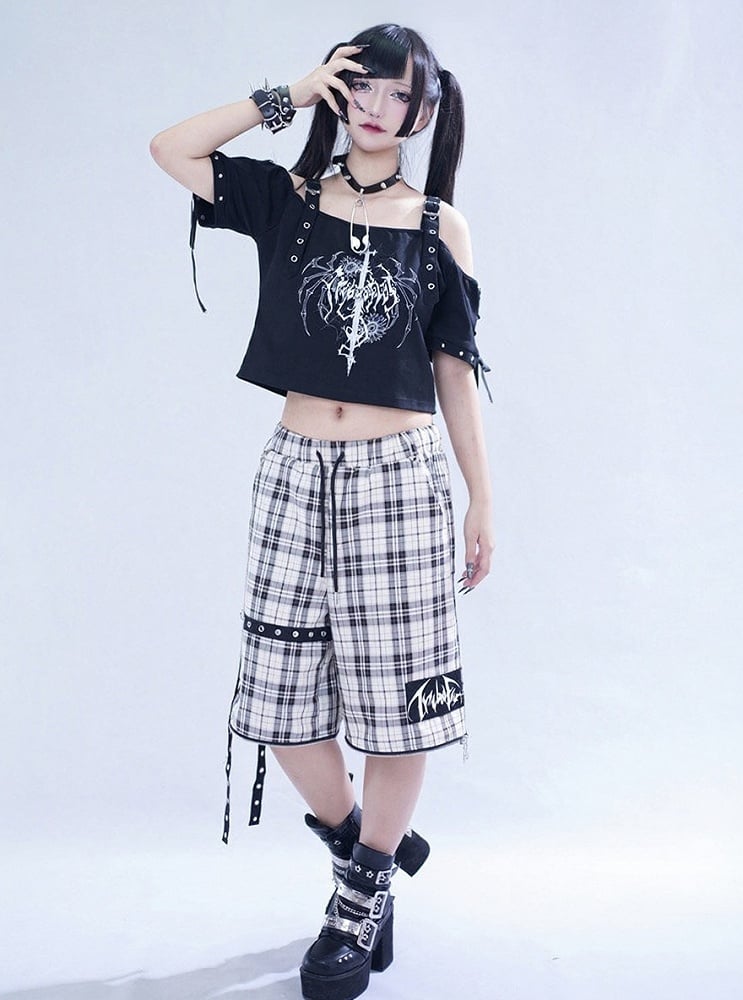 Off-White Plaid Pants with Detachable Legs & Chain Details - Tribuo Flos