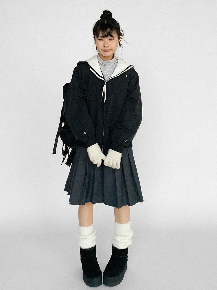 Star Collar Front with Black Sailor White Jacket Zipper - Patches Heart
