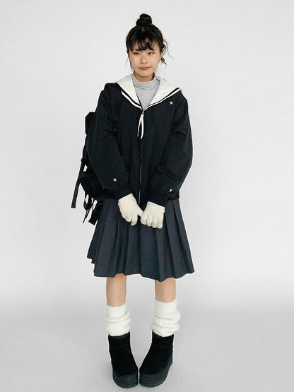 Star Collar Front with Black Sailor White Jacket Zipper - Patches Heart