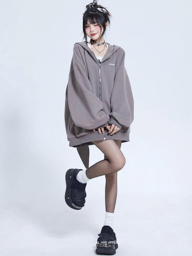 Gray Oversized Bunny Ear Zip Hoodie - 11shop97