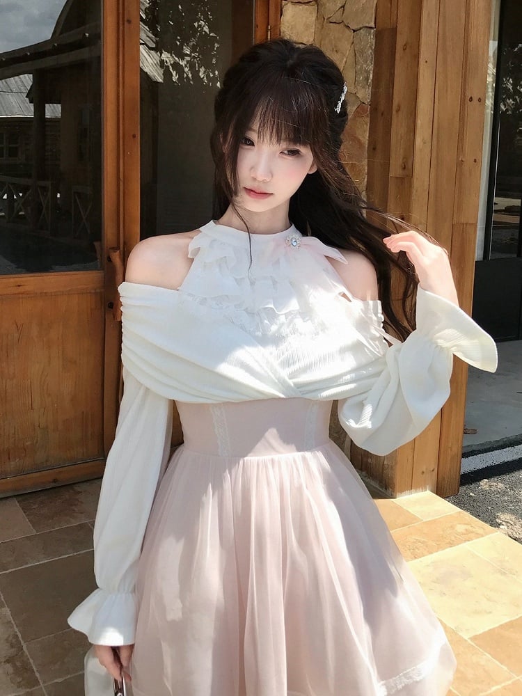 Seiso-kei Halter Off Shoulder Long Sleeve Mesh Dress in Pink and White with Ruffles and Bow Tie - LA LA JK