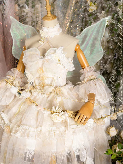 Lolita Fairycore Kleid JSK Beige Volles Design Prinzessin und Set Schmetterling Blumen