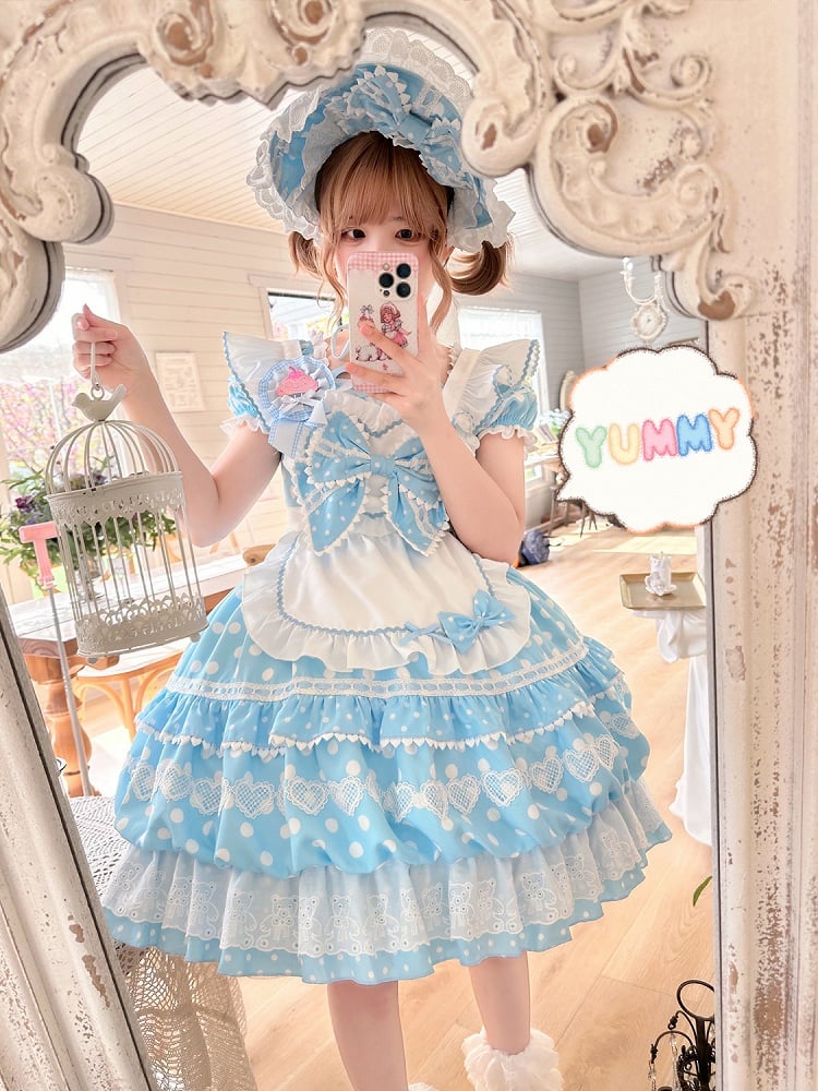 mit Ärmeln Schürze Quadrat Blau Polka Kurzes Kleid Lolita Weiß Ausschnitt Punkte