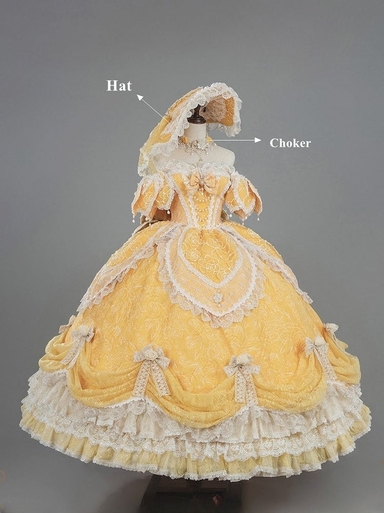 Lolita Layered Gown Lace Yellow Version and with Long Hanayome Ruffles Bow Hime Details Off-Shoulder