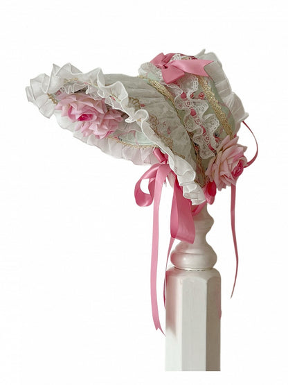 Rosette Print Pink / Green Floral Design Bonnet