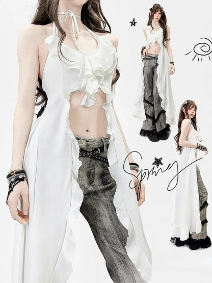 Weißes Neckholder-Urlaubs-High-Low-Top