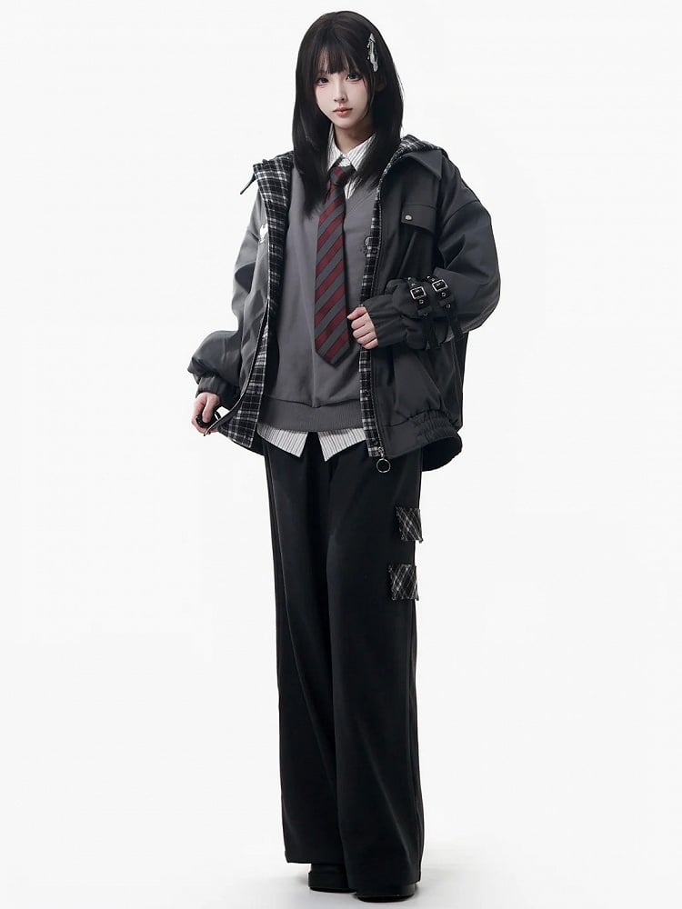Pattern Jacket Hooded Unisex Grey Plaid - Two-piece