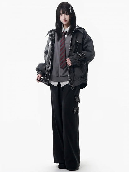 Pattern Jacket Hooded Unisex Grey Plaid - Two-piece