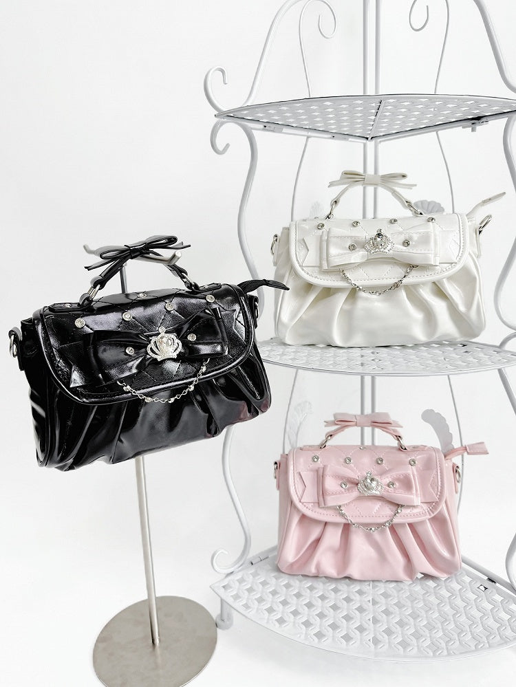 Bag Black with Bow Rhinestone - Jirai Crossbody Kei Interchangeable Crown Strap Heart