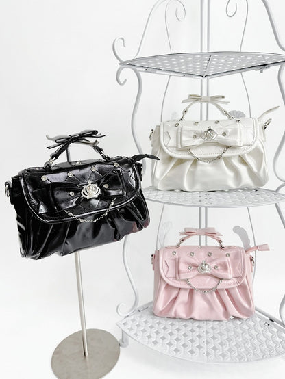 Bag Black with Bow Rhinestone - Jirai Crossbody Kei Interchangeable Crown Strap Heart