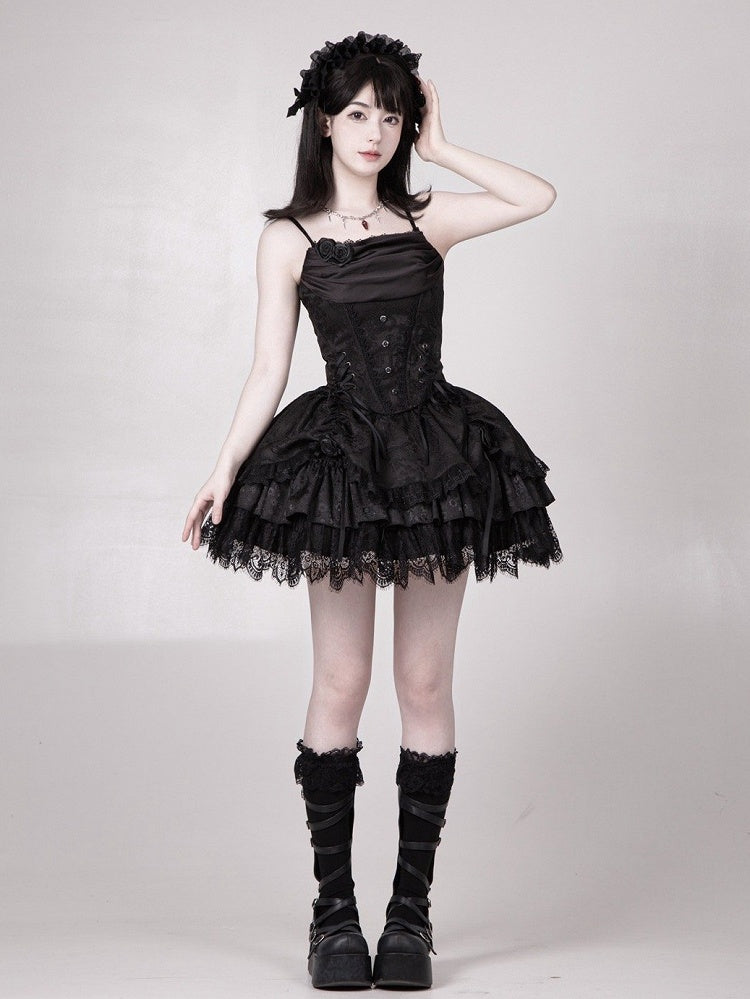 Gothic Detail Rock Layered Lolita Kordelzug Schwarz