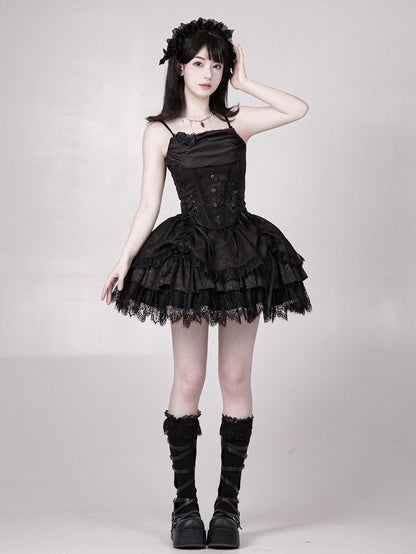 Gothic Detail Rock Layered Lolita Kordelzug Schwarz