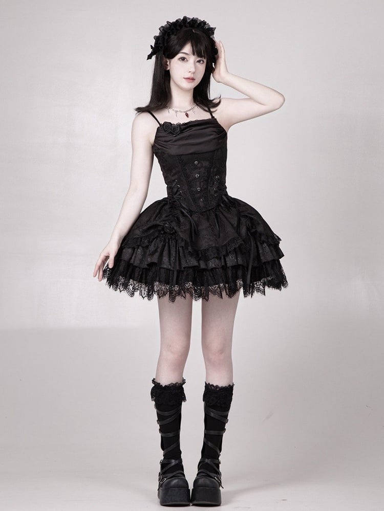 Layered Skirt Drawstring Black Vampire Detail Lolita Gothic