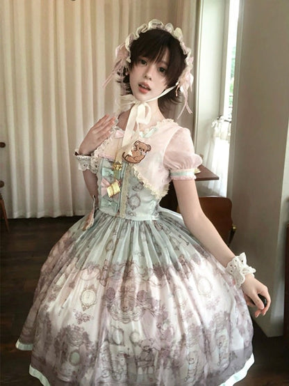Rose & Mint Short Sleeve OP Gown with Bear Motif - Lunethe