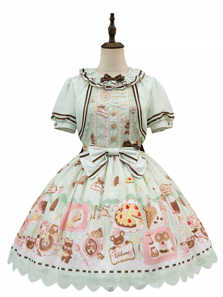 Grüne süße Minze Lolita Thema Desserts zweiteilige Print Kleid gefälschte Design Bär