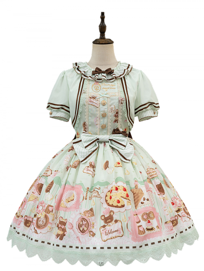 Grüne süße Minze Lolita Thema Desserts zweiteilige Print Kleid gefälschte Design Bär