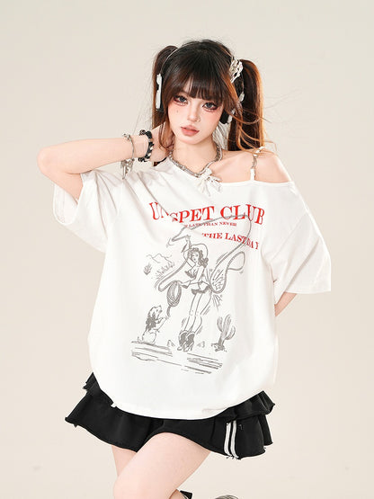 ホワイト アシンメトリーネックライン ルーズグラフィックTシャツ