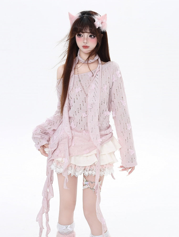 Free Cherry Blossom Pink Asymmetrical Hem Butterfly Coverup Scarf with Accents