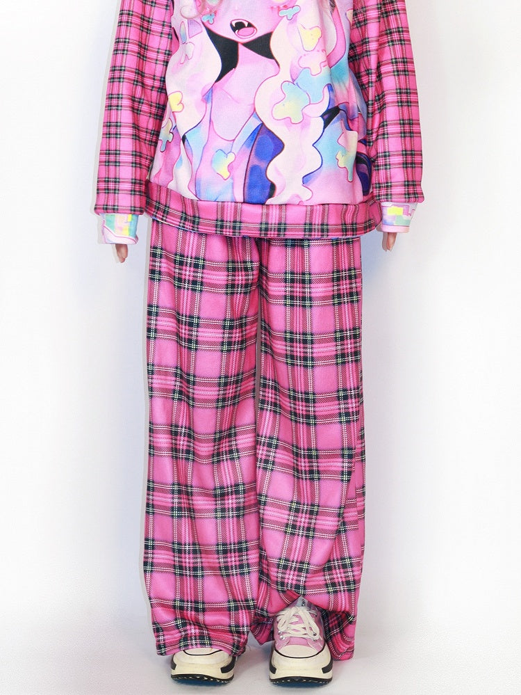 バージョンパターンローズチェック柄ワイドレッグパンツギャルレッドファッション厚手カット