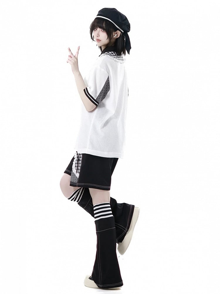 Layered T-shirt Waffle Polo Collar Print Panda Double Graffiti White