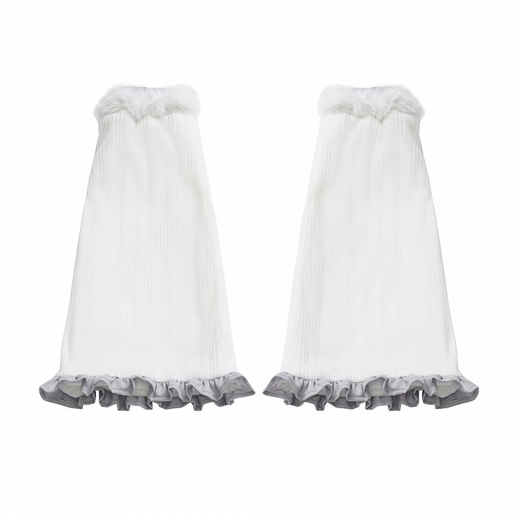 Weiße Plüsch-Beinwärmer mit grauem Rüschenbesatz