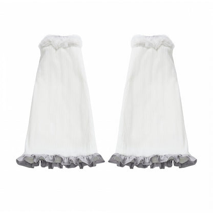 Weiße Plüsch-Beinwärmer mit grauem Rüschenbesatz