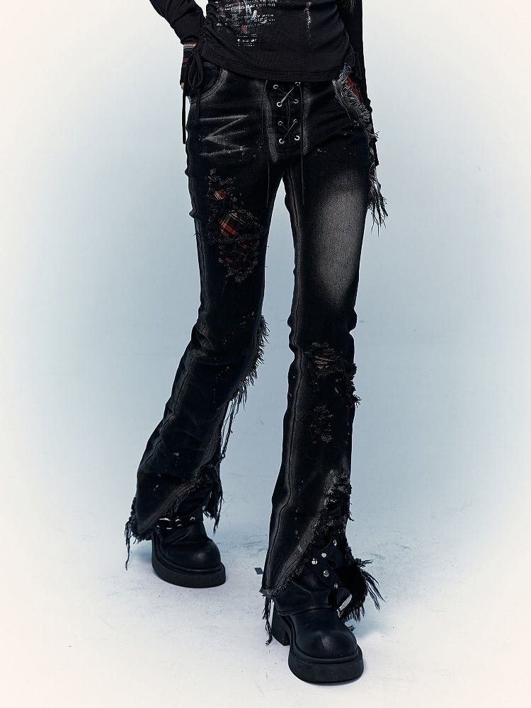 Straight-Leg Flare Black Punk Distressed Holes Jeans with Red Plaid Patchwork