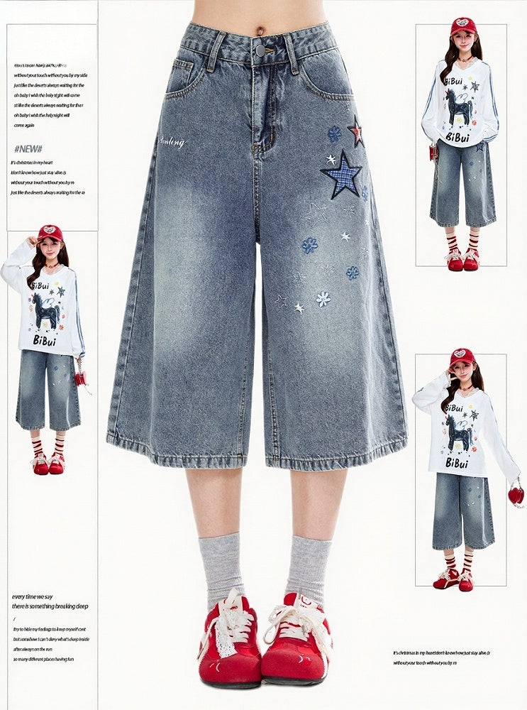 Blue Cropped Wide-Leg Denim Pants Star Appliqué