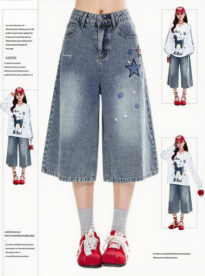 Blue Cropped Wide-Leg Denim Pants Star Appliqué