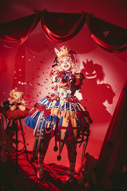 with Skirt Blue Jumper Sweet Dress Bunny Circus Embroidery and Sleeves Detachable Lolita Puff Red
