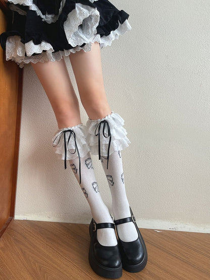 White/Black Stockings Bowknot Decorated Lace Trim Lolita Underknee