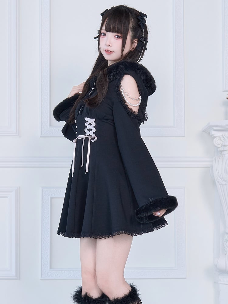 Shoulder Dress: Dark Elegance with Corset Beaded Lacing Jirai Black Hoodie Accents Kei Plush