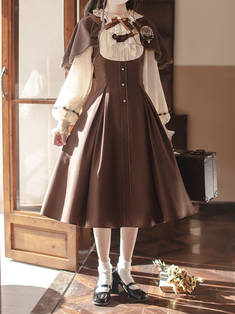 Lolita Two-Piece Brown Elegance OP: with Faux Cape Academic Detachable Vintage