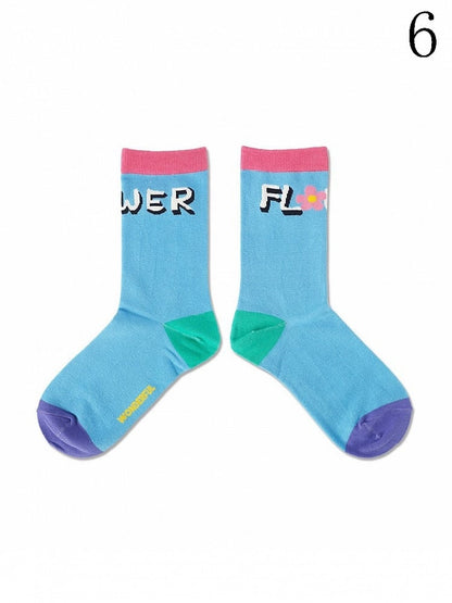 Kitty/Puppy/Bear Pattern Print Colorful Calf Socks Striped 9 Options