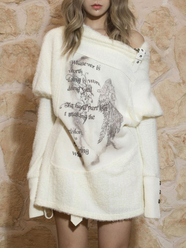Off-Shoulder Batwing Knit Punk Top Wing Print with White Sleeves