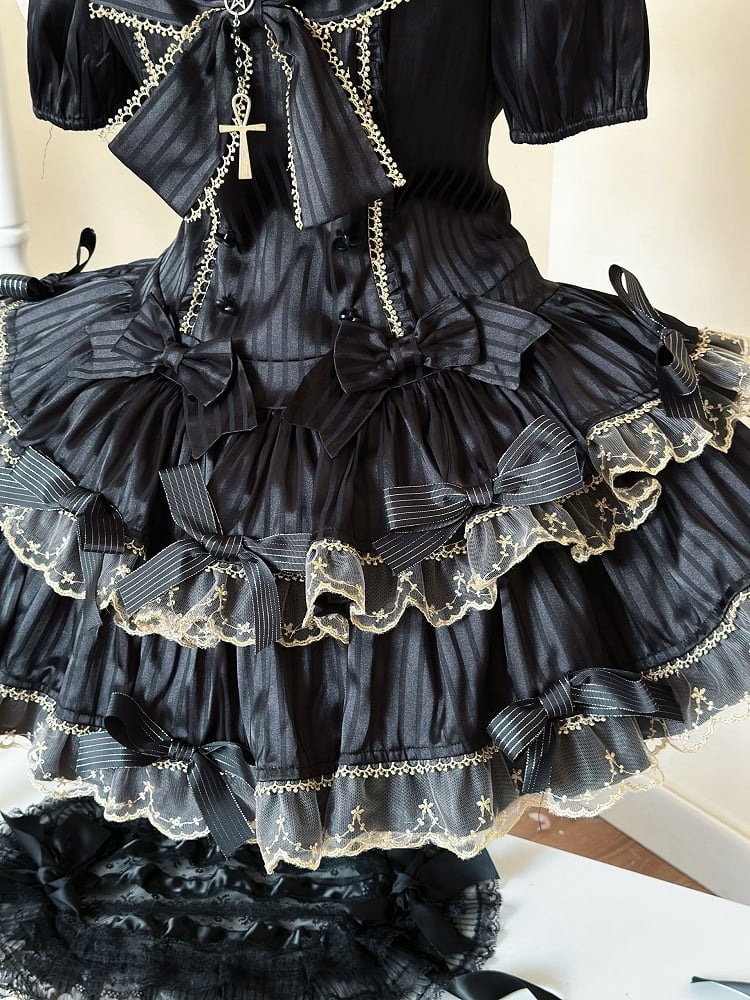 und Schleife Lolita Schwarze Akzente Gestreiftes Idol Stoff Goldkleid