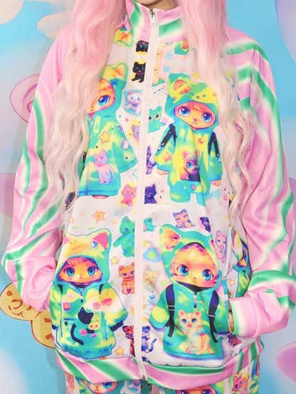 Print Cat Jacket Y2K PinkGreen