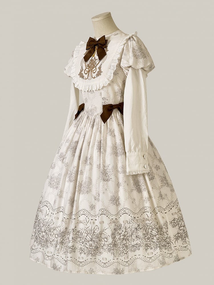 Lolita Bowknot White Floral Version One and Long Piece Embroidery Bodice Classic
