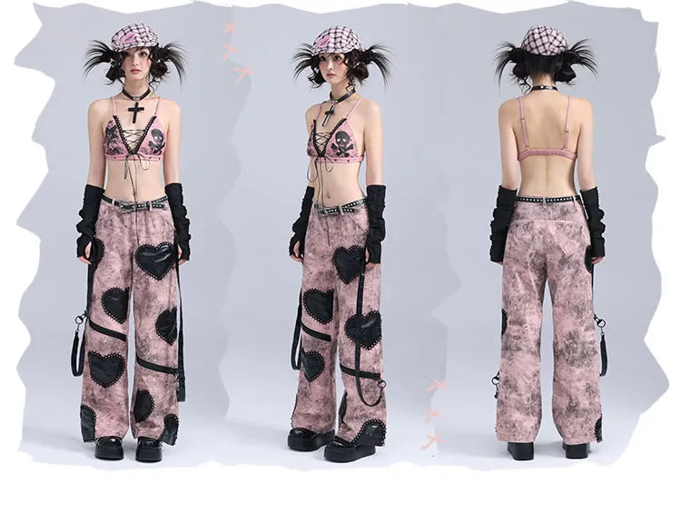 アップリケハートゴシックレッグピンクワイドジーンズブラックジップパンク