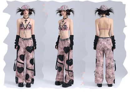 アップリケハートゴシックレッグピンクワイドジーンズブラックジップパンク