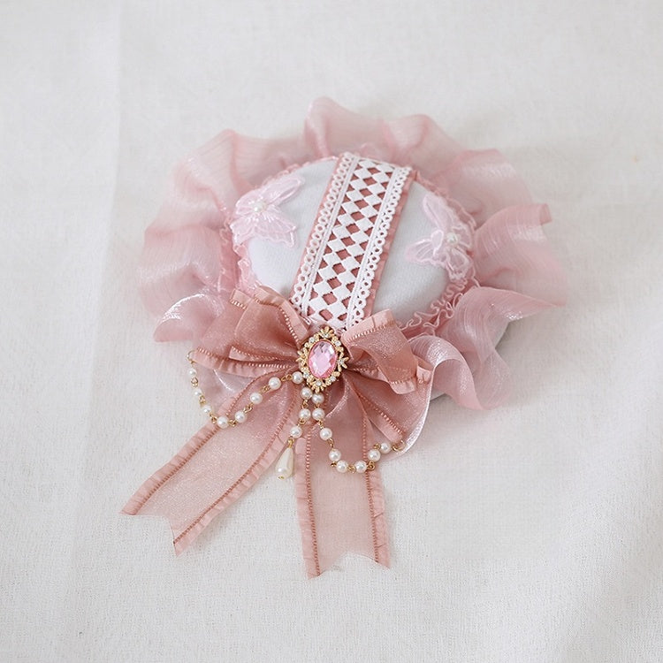 Detachable Mini And Bowknot Gorgeous Pink With Chains Rhinestone Lace Hat Bead Lolita