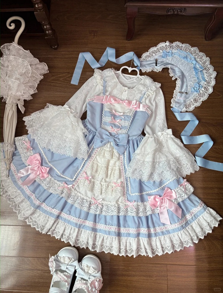 Süßes Lolita-Kleid mit Spitzenbesatz, rosa Schleifen, blau, JSK