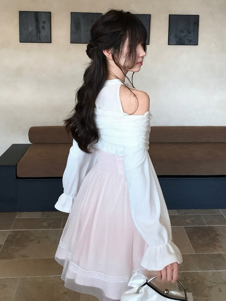 Seiso-kei Halter Off Shoulder Long Sleeve Mesh Dress in Pink and White with Ruffles and Bow Tie - LA LA JK