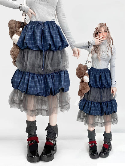 Blue Plaid Pattern Patchwork Tiered Bubble Skirt